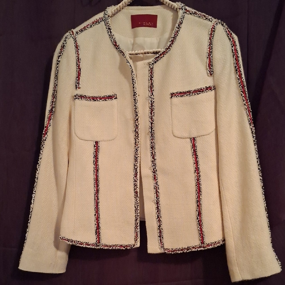 Cream Tweed‎ Open-Front Pocket Jacket with Contrast Trim